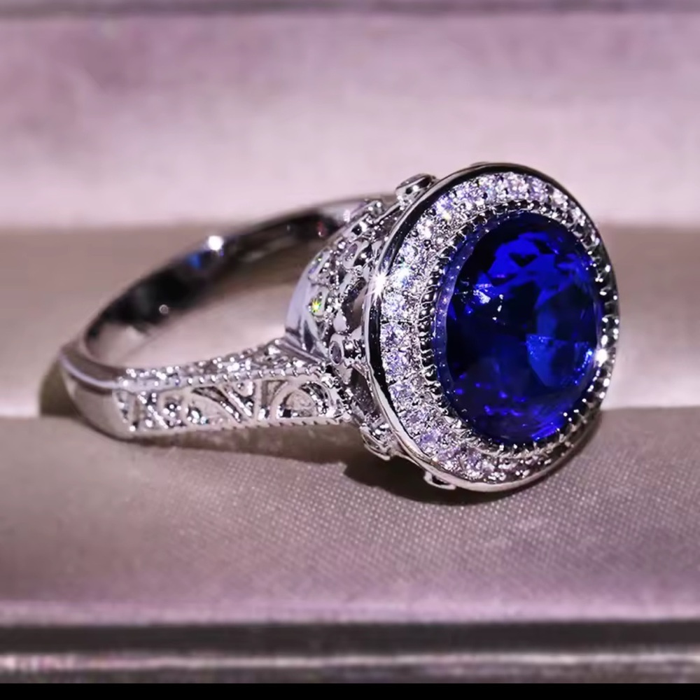 Big Blue Simulated Zirconia Stone S925 Stunning Weave, Vintage Inspired Ring